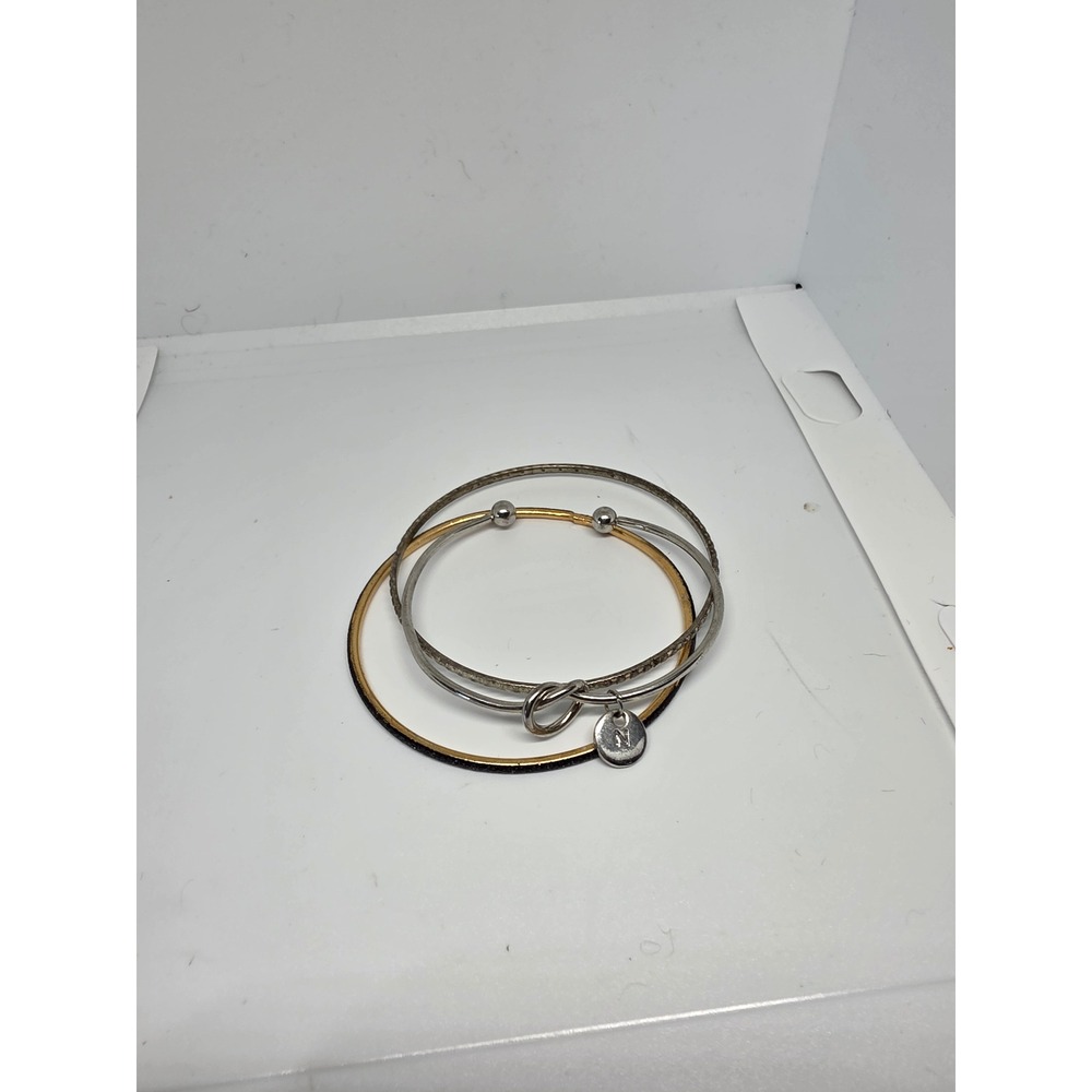 Alex and Ani Bangle Bracelet Set Silver Gold Tone Charm Initial N